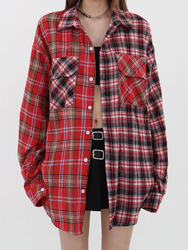 Vintage Plaid Splice Long Sleeve Blouse-1