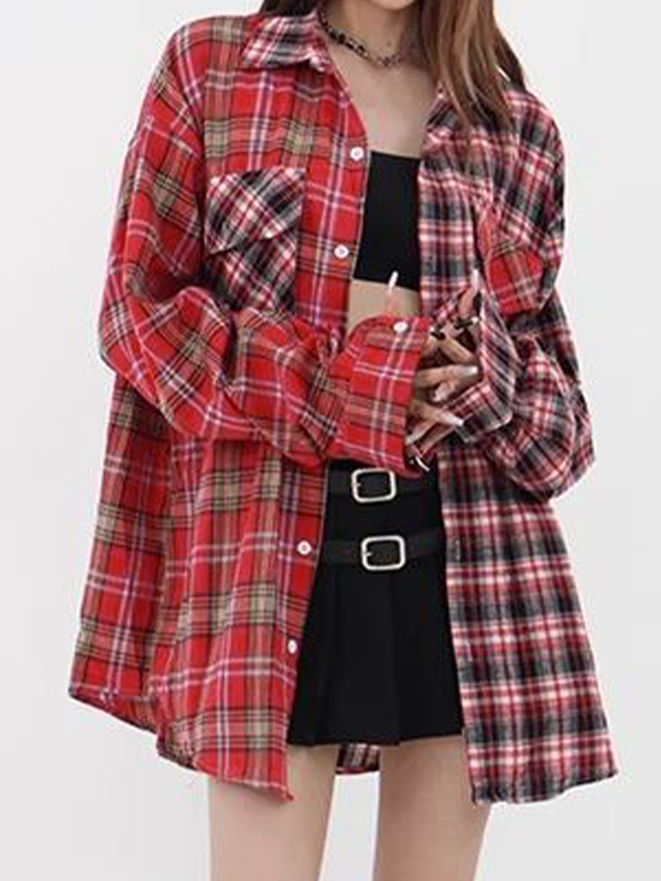 Vintage Plaid Splice Long Sleeve Blouse-3