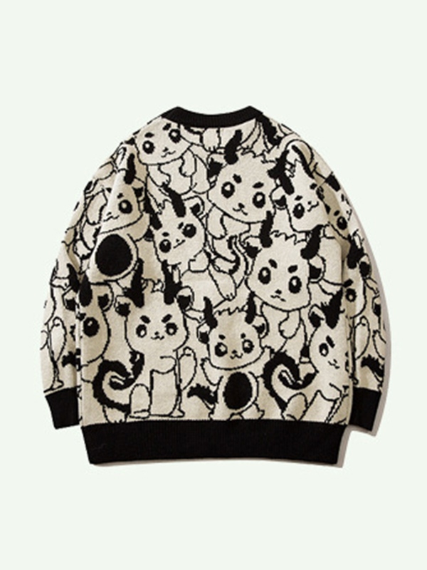All Over Cartoon Jacquard Crew Neck Knit Sweater-1