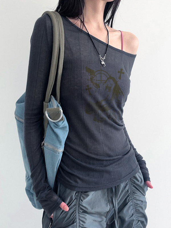 Vintage Portrait Print One Shoulder Backless Long Sleeve Knit-2