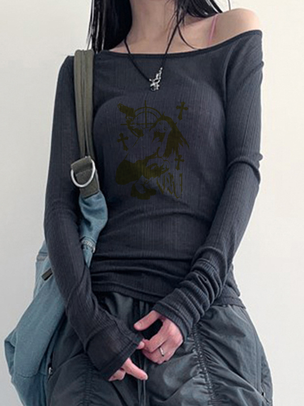 Vintage Portrait Print One Shoulder Backless Long Sleeve Knit-1