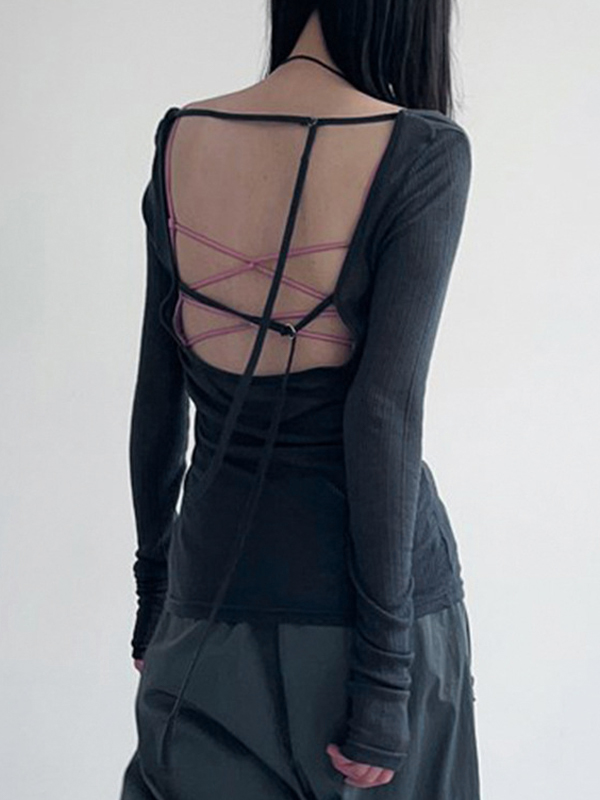Vintage Portrait Print One Shoulder Backless Long Sleeve Knit-4