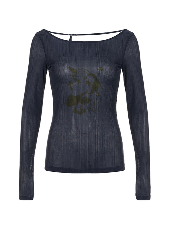 Vintage Portrait Print One Shoulder Backless Long Sleeve Knit-3