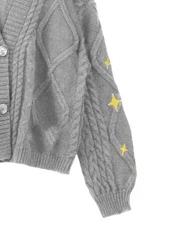 Star Embroidered Print Cable Knit V Neck Cardigan-1