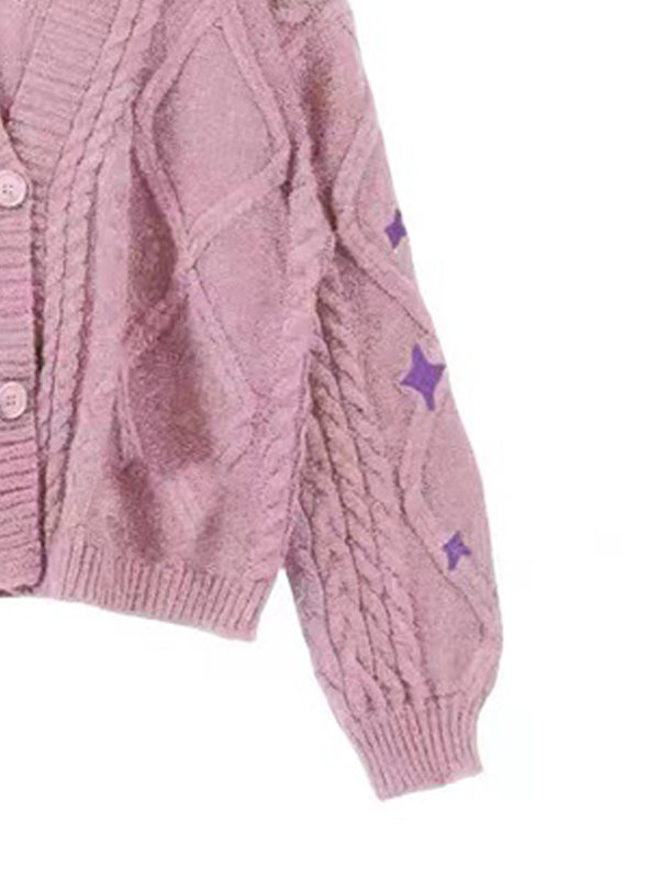 Star Embroidered Print Cable Knit V Neck Cardigan-1