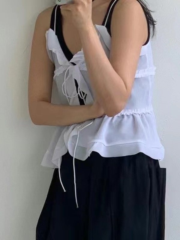 See Through Ruffled Trim Tie Up Cami Top-1