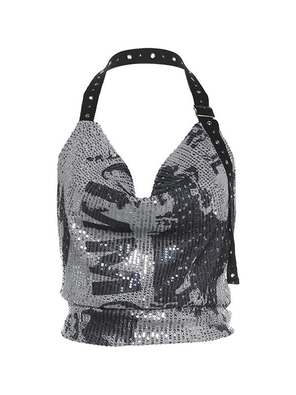 Sequin Eyelet Backless Halter Vest-4