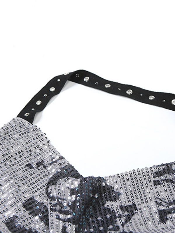 Sequin Eyelet Backless Halter Vest-5